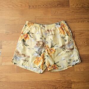 Vintage Speedo Mens Swim‎ Trunks Men's L Yellow Hawaiian Floral Bottoms Swimsuit